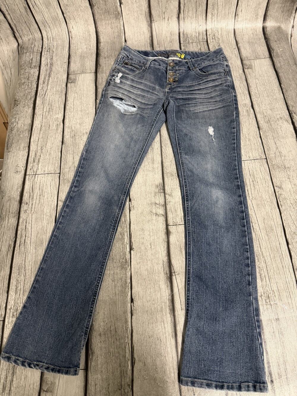 Vintage Juniors Mudd Jeans Button Fly Low Rise Skinny Boot Distressed Sz 3 Y2K